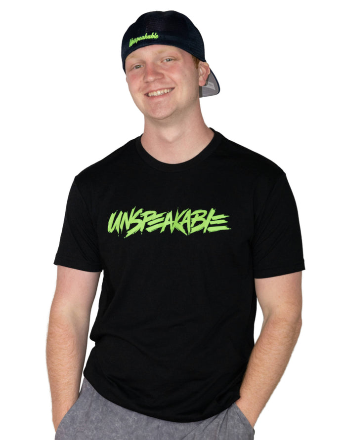 BLACK T-SHIRT WITH NEON GREEN FONT