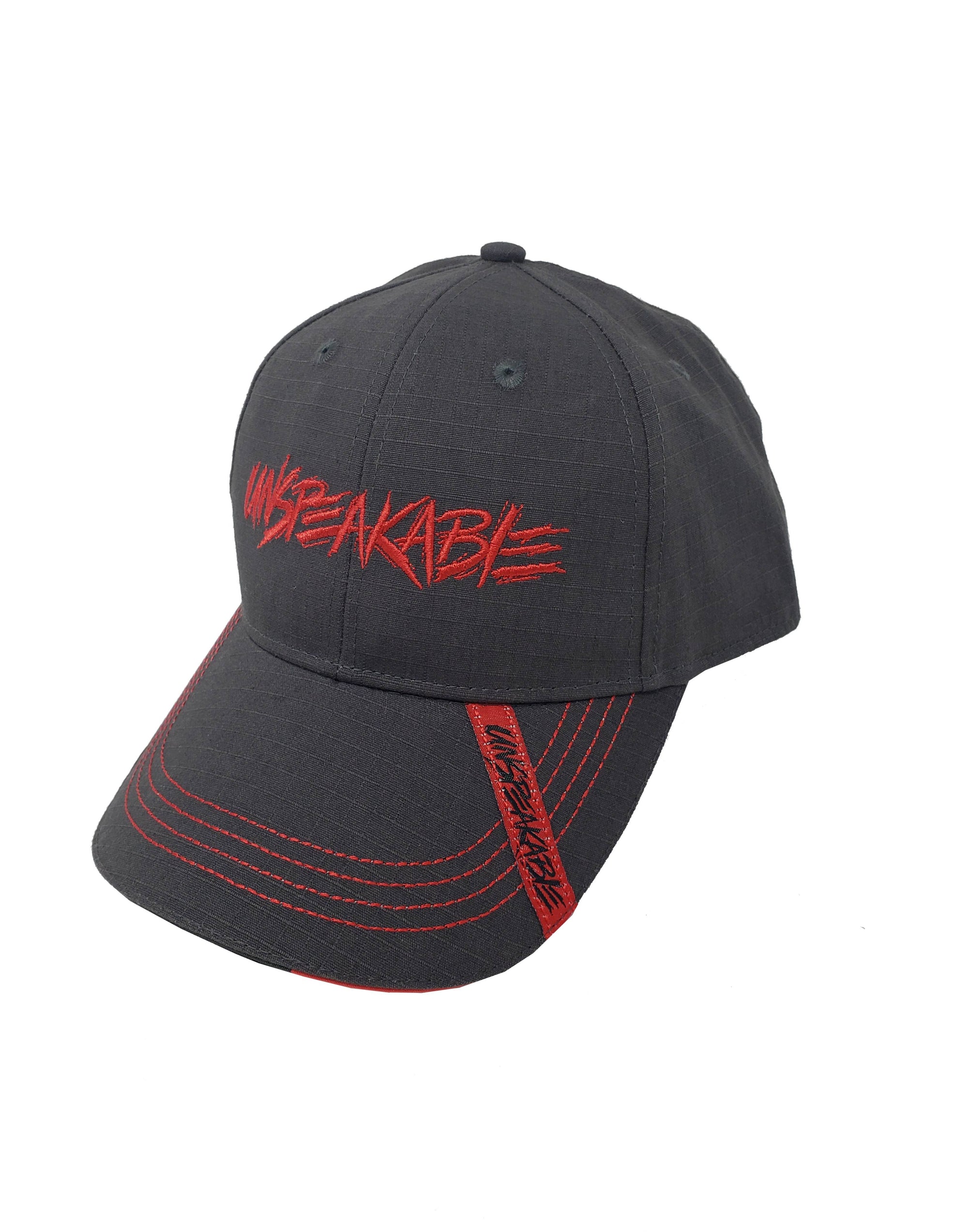 GREY CUSTOM HAT W/RED FONT & RED STITCHING - UnspeakableGaming