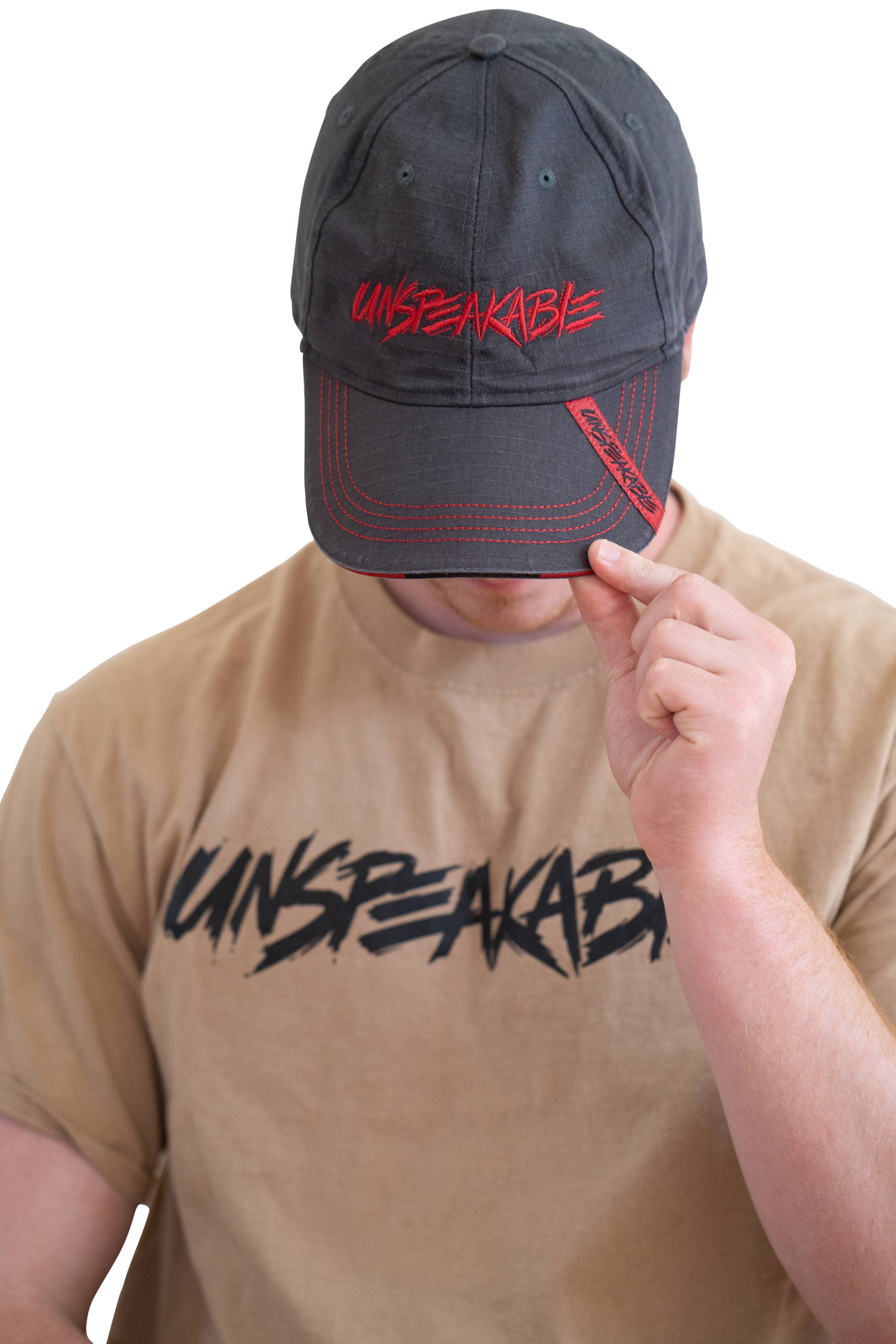 GREY CUSTOM HAT W/RED FONT & RED STITCHING - UnspeakableGaming